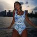Women's Blue White Porcelain Print One Piece Swimsuit Sleeveless Wire-Free Vacation Suit_ecoleips.com