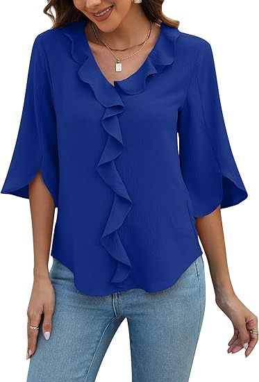 2026 Summer European American Women V Neck Ruffle 3/4 Sleeve Casual Fashion Shirt_ecoleips.com