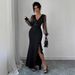 Women's Clothing Knitted Dress Elegant Sexy V Neck High Waist Slim Fit Sequined Splicing Elastic Long Skirt_ecoleips.com