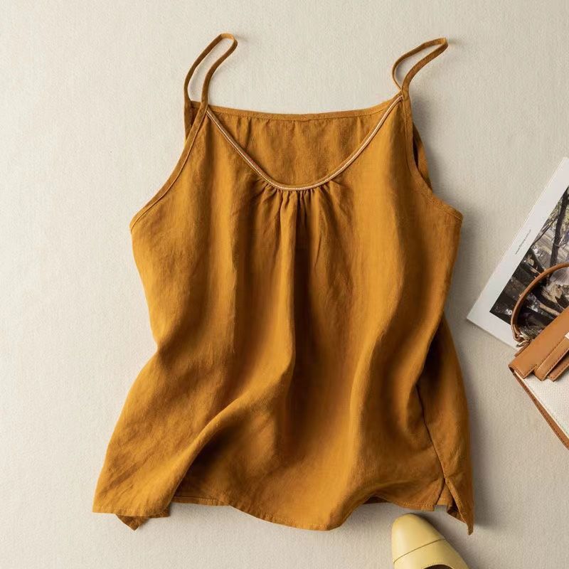 Women's Clothing New Summer Pure Cotton Camisole Vest Solid Color Bottoming Outer Wear Literary Retro Thin Loose Top_ecoleips.com