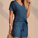 Women's Clothing Casual Fashion Solid Color Comfortable V Neck Top + Button Decoration Shorts Two Piece Set_ecoleips.com
