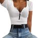 Women's Short Sleeve T-Shirt With Ribbed Zipper Detail – Stylish Casual Summer Top For Work & Leisure – Slim Fit Round Neck Tee In White & Gray_ecoleips.com