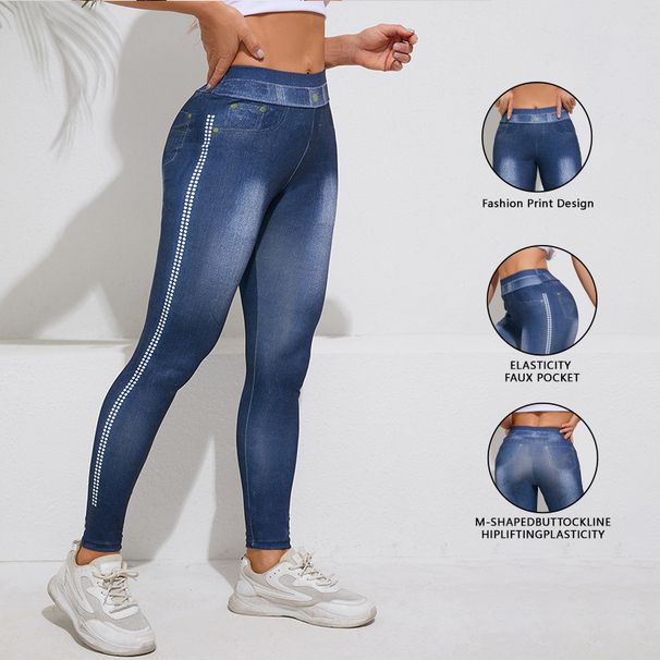 Women's Clothing Retro High Elastic Imitation Denim Leggings Hip Lifting Yoga Pants Imitation Denim Yoga Pants Fitness Clothes_ecoleips.com