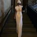 Elegant High-Neck Bodycon Midi Dress With Sheer Panels & Beaded Accents, Solid Color Spliced Party Dinner Dress For Women_ecoleips.com