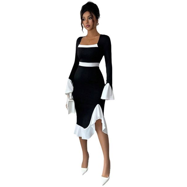 Voya New Spring/Summer Cross-Border Elegant Long-Sleeve Hepburn-Style Black And White Color-Block Ruffle Hem Slim-Fit Dress_ecoleips.com