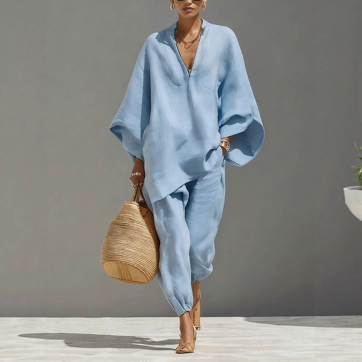 Women's Batwing Sleeve V-Neck Lounge Set Casual Two Piece Outfit Relaxed Fit Comfortable Clothing_ecoleips.com