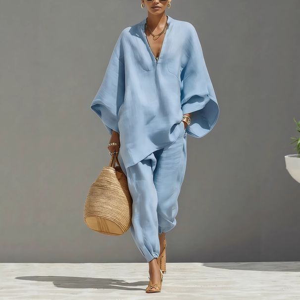 Women's Batwing Sleeve V-Neck Lounge Set Casual Two Piece Outfit Relaxed Fit Comfortable Clothing_ecoleips.com