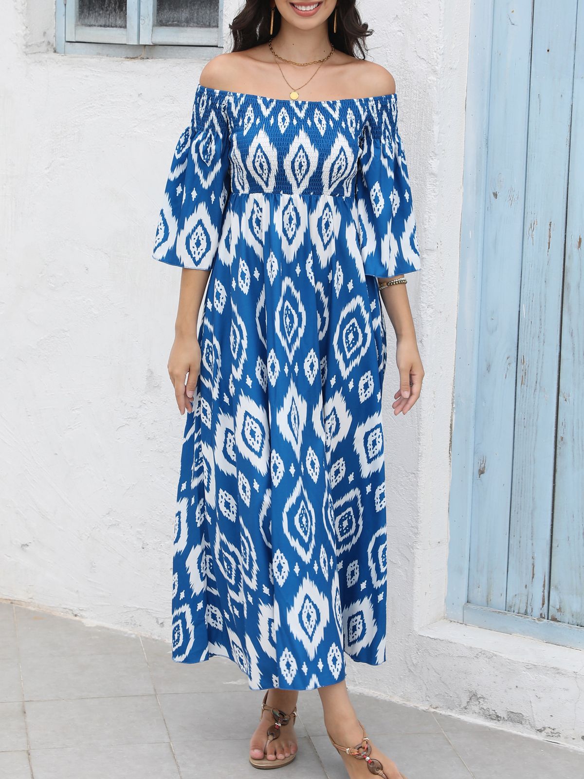 Elegant Off-Shoulder Floral Print Maxi Dress For Women – Stretchy Polyester, A-Line Silhouette, Boho & Office Chic (Blue/Orange, S-Xl)_ecoleips.com