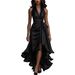 New European And American Independent Website Cross-border Satin V-neck Sleeveless Waist-cinching Ruffle Elegant_ecoleips.com