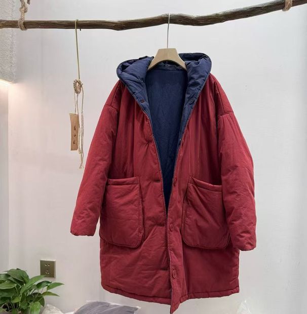 girl 2025 Winter Korean Version Loose Plus Size Sand Washed Reversible Hooded Jacket Versatile Warm Cotton Coat For Women_ecoleips.com