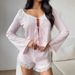 Pink Ice Silk Cotton Thin Lace Long Sleeve Shorts Pajama Set European And American Autumn Loose Women's Homewear_ecoleips.com
