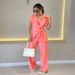 Women's Clothing New Fashion Lace Up Waist Short Sleeved Shirt High Waist Casual Pants Two Piece Suit_ecoleips.com
