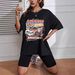 Women's Casual Black T-Shirt round Neck Short Sleeve Loose Print Sporty Simple Top_ecoleips.com