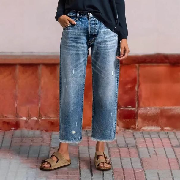 European American Women's Loose Straight-leg Cropped Jeans With Frayed Edges Holes, Cross-border Supply For ,_ecoleips.com