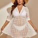 Plus Size Swiss Dot Sheer Beach Cover Up Dress, V Neck Half Sleeve Empire Waist Loose Swim Coverup Tunic For Summer Vacation_ecoleips.com
