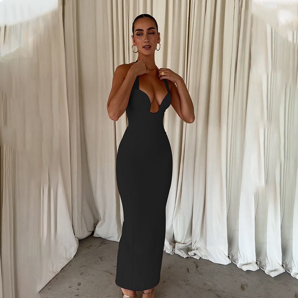 Summer New Style Women's Slim Fit Long Dress American Style Solid Color Sexy Cross Border Wholesale European And American_ecoleips.com