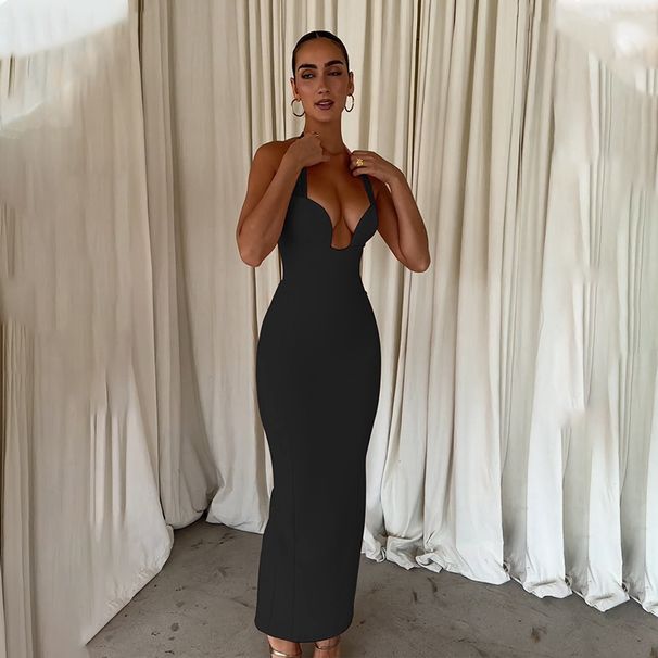 Summer New Style Women's Slim Fit Long Dress American Style Solid Color Sexy Cross Border Wholesale European And American_ecoleips.com