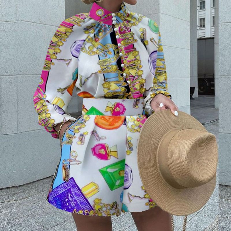 Women's fashion printed long sleeve top loose shorts suit_ecoleips.com