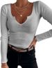 Spring And Winter New Solid Color Pit Stripe Deep U-neck Long Sleeved Sexy Casual Fashion Women's T-shirt Top_ecoleips.com