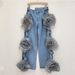 Floral Cutout High-Waisted Wide-Leg Pants - Trendy Pink Distressed Denim Palazzo Pants_ecoleips.com