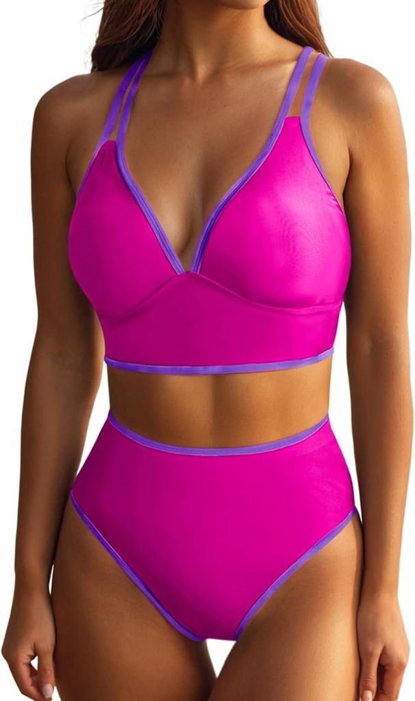 Women's Clothing Women's Deep V Sexy Two Piece Swimsuit Cross Back Color Block Bra High Waisted Shorts Modest Coverage, Beach & Pool Ready_ecoleips.com