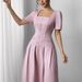 Women's Elegant Long Summer Dress With Waist Slimming Square Neck Puff Sleeves Simple European American Style_ecoleips.com