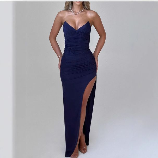 Women's Clothing Sexy V Neck Sleeveless Tube Top Dress Autumn And Winter New Style Personality Temperament High Slit Solid Color Hip Long Skirt_ecoleips.com