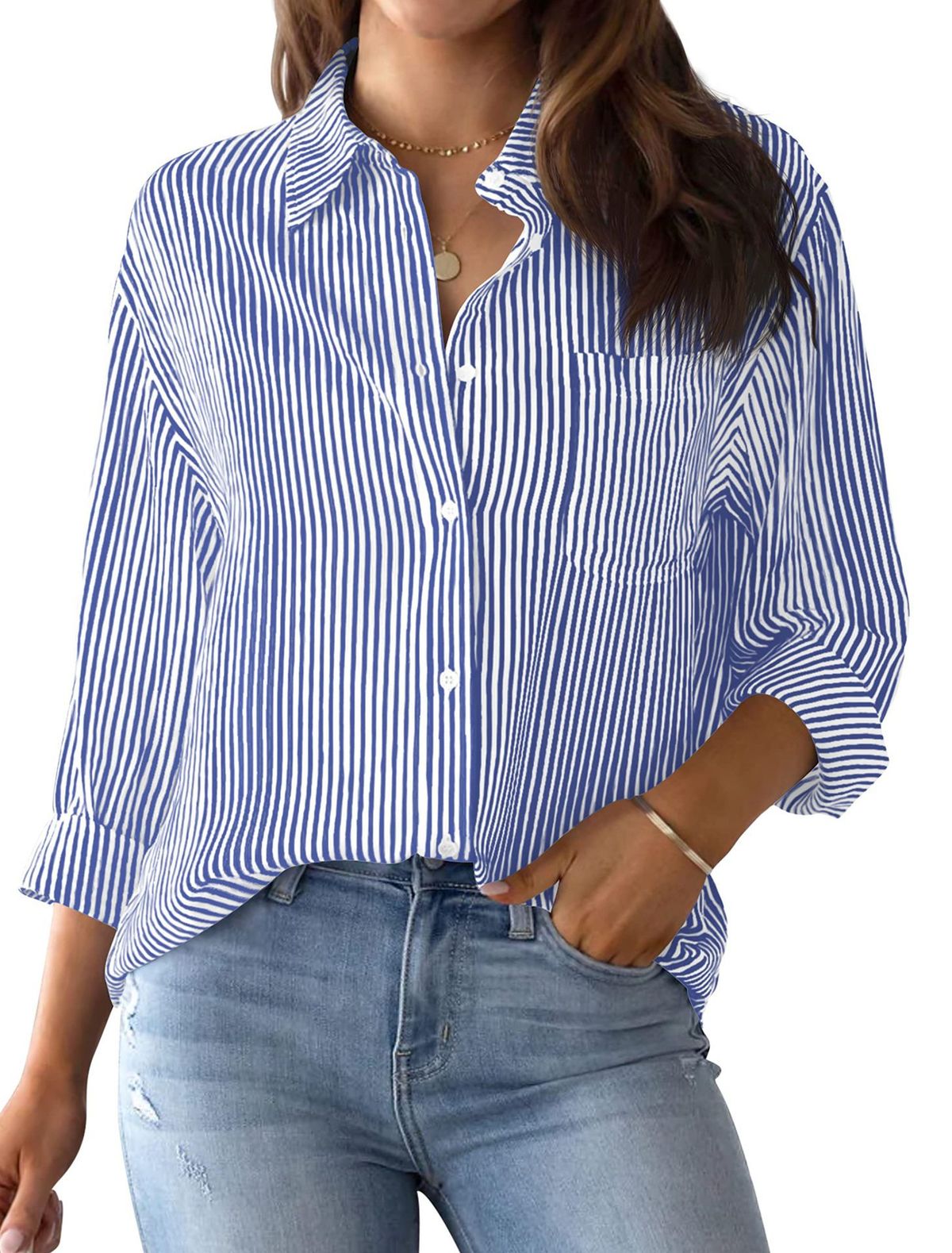 Women's Clothing Button Down Shirt Striped Classic Long Sleeved Collared Office Work Shirt Top_ecoleips.com