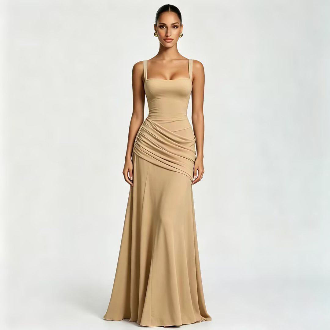 Summer Elegant Women's Dress Style Solid Color Sleeveless Waist Cinching Cross Border Fashionable Suspender Gown_ecoleips.com