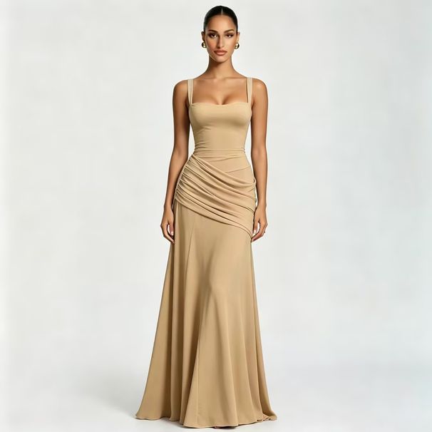 Summer Elegant Women's Dress Style Solid Color Sleeveless Waist Cinching Cross Border Fashionable Suspender Gown_ecoleips.com