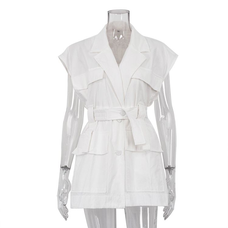 Women's Summer Sleeveless Workwear Shirt Trendy Fashion European American Style Multi Pocket Design Belted Loose Top Polyester_ecoleips.com