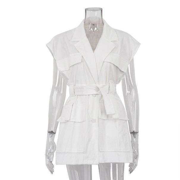 Women's Summer Sleeveless Workwear Shirt Trendy Fashion European American Style Multi Pocket Design Belted Loose Top Polyester_ecoleips.com