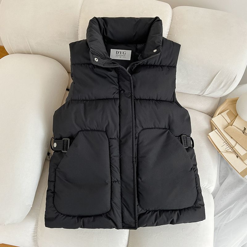 Women's Quilted Sleeveless Vest - Lightweight Padded Jacket For Autumn Winter, Casual Loose Fit, High Neck Design With Pockets_ecoleips.com