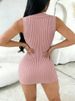 Women's Baby Pink Halter Neck Sleeveless Polo Collar Button Stretchy Ribbed Knit Bodycon Mini Dress Summer Party Short Dress_ecoleips.com