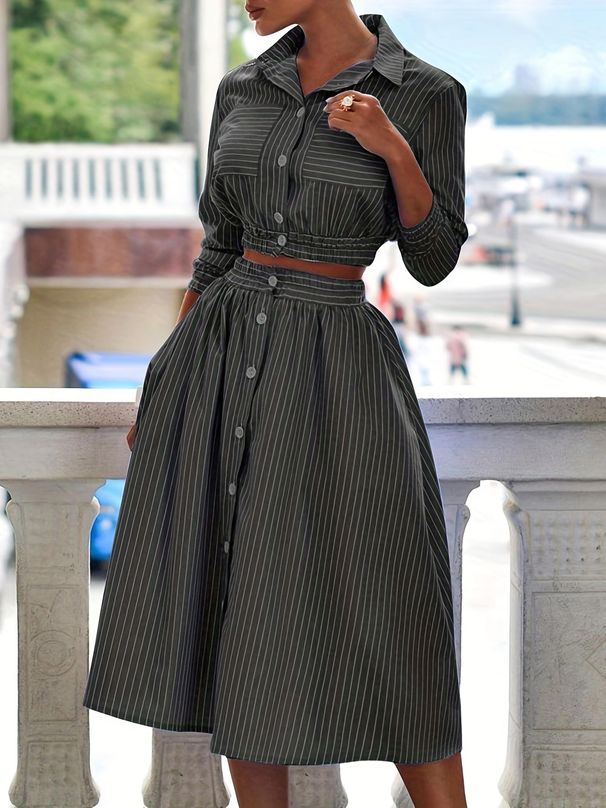 Women's Clothing Fashion Style Long Sleeve Striped Shirt Set Skirt Two Piece Set_ecoleips.com