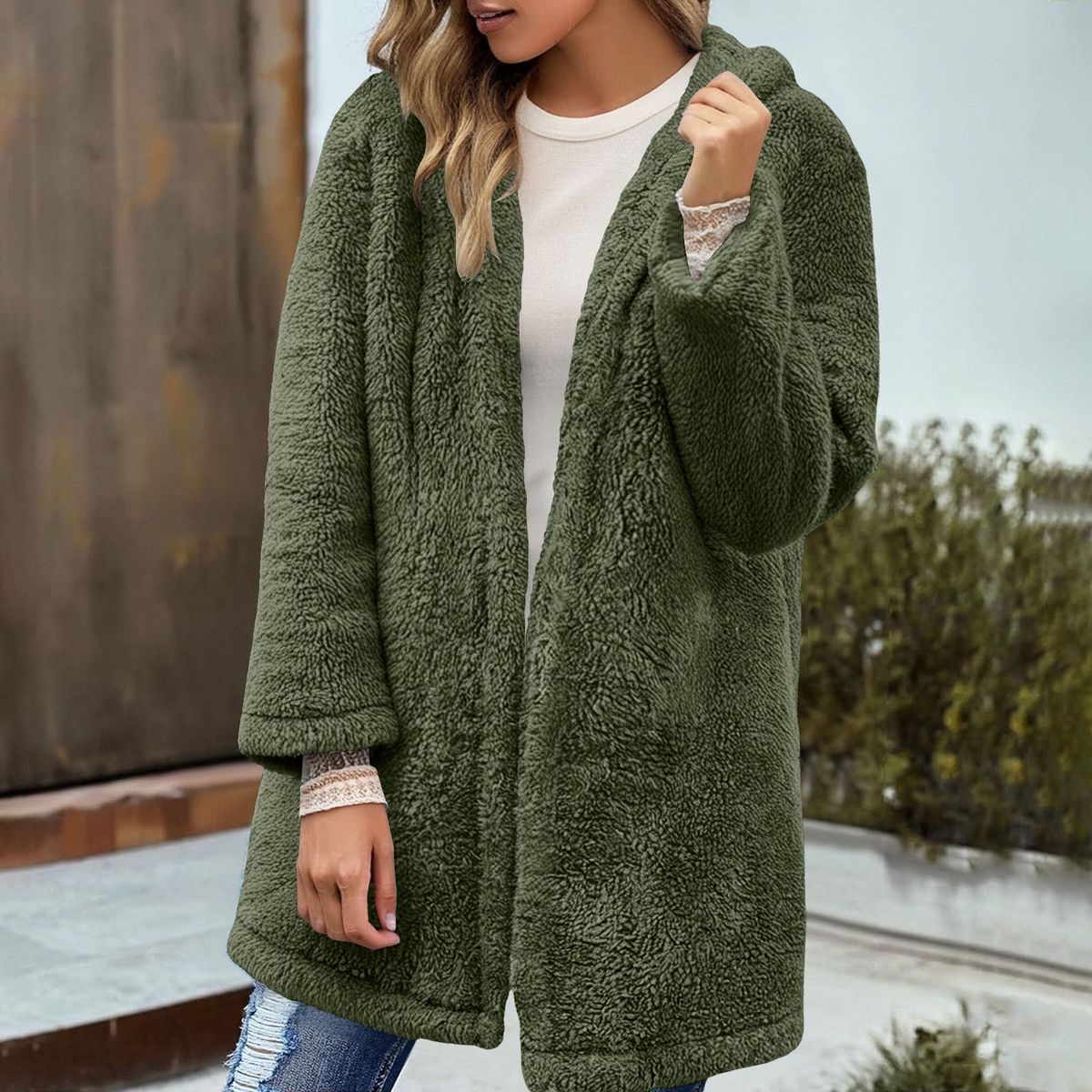 Women's Solid Color Casual Loose Plush Hooded Cardigan Mid-Length Coat Fall Winter New Arrival_ecoleips.com