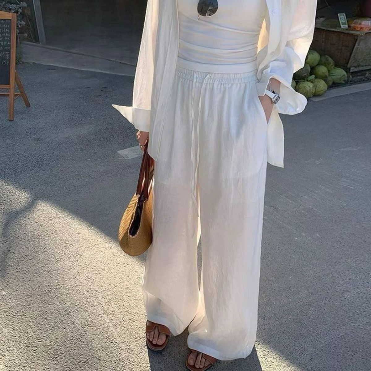Women's Summer Linen White Shirt Set Loose Fit Cotton Blend Wide Leg Pants Two Piece Trendy Clothing_ecoleips.com