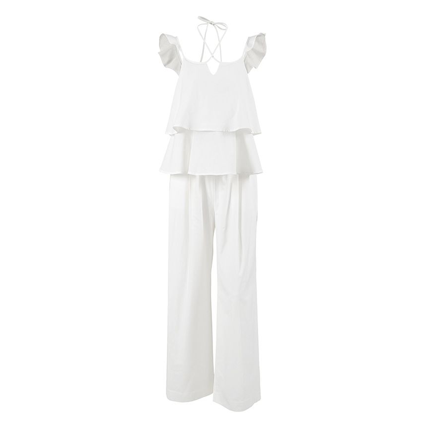 Women's Clothing Spring And Summer Cotton And Linen Sexy V Neck Flying Sleeves Backless Lace Up Top High Waist Loose Casual Trousers Suit Women_ecoleips.com