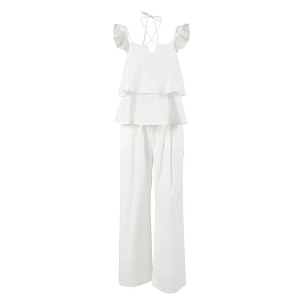 Women's Clothing Spring And Summer Cotton And Linen Sexy V Neck Flying Sleeves Backless Lace Up Top High Waist Loose Casual Trousers Suit Women_ecoleips.com