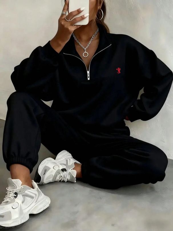 Women's Quarter Zipper Stand Collar Long Sleeve Sweatshirt And Jogger Pants Set Casual Comfortable Two-Piece Outfit In Multiple Colors_ecoleips.com