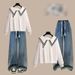 Navy Blue Denim Set: Oversized Hoodie With Sailor Collar & High-Waisted Wide-Leg Jeans For Autumn_ecoleips.com