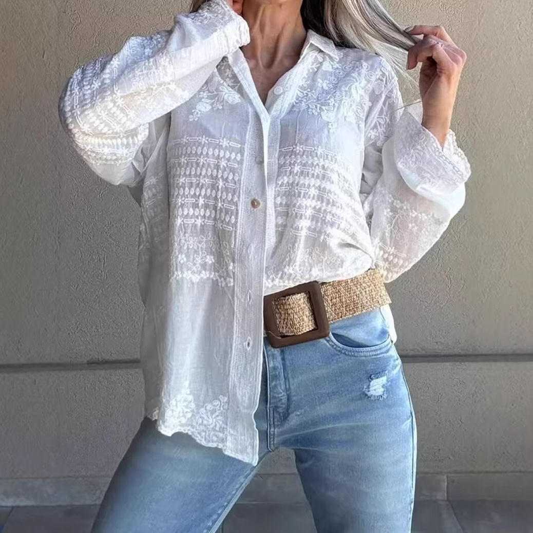 Women's Clothing Russian Women's Crochet Embroidered Long Sleeved Collared Shirt Top Spring Summer Autumn For Formal & Casual_ecoleips.com