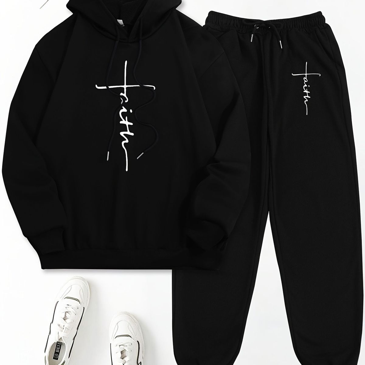 Women's Autumn And Winter Fashion Casual Faith Print Thickened Fleece Warm Hooded Sweatshirt+sports Pants Set-809_ecoleips.com