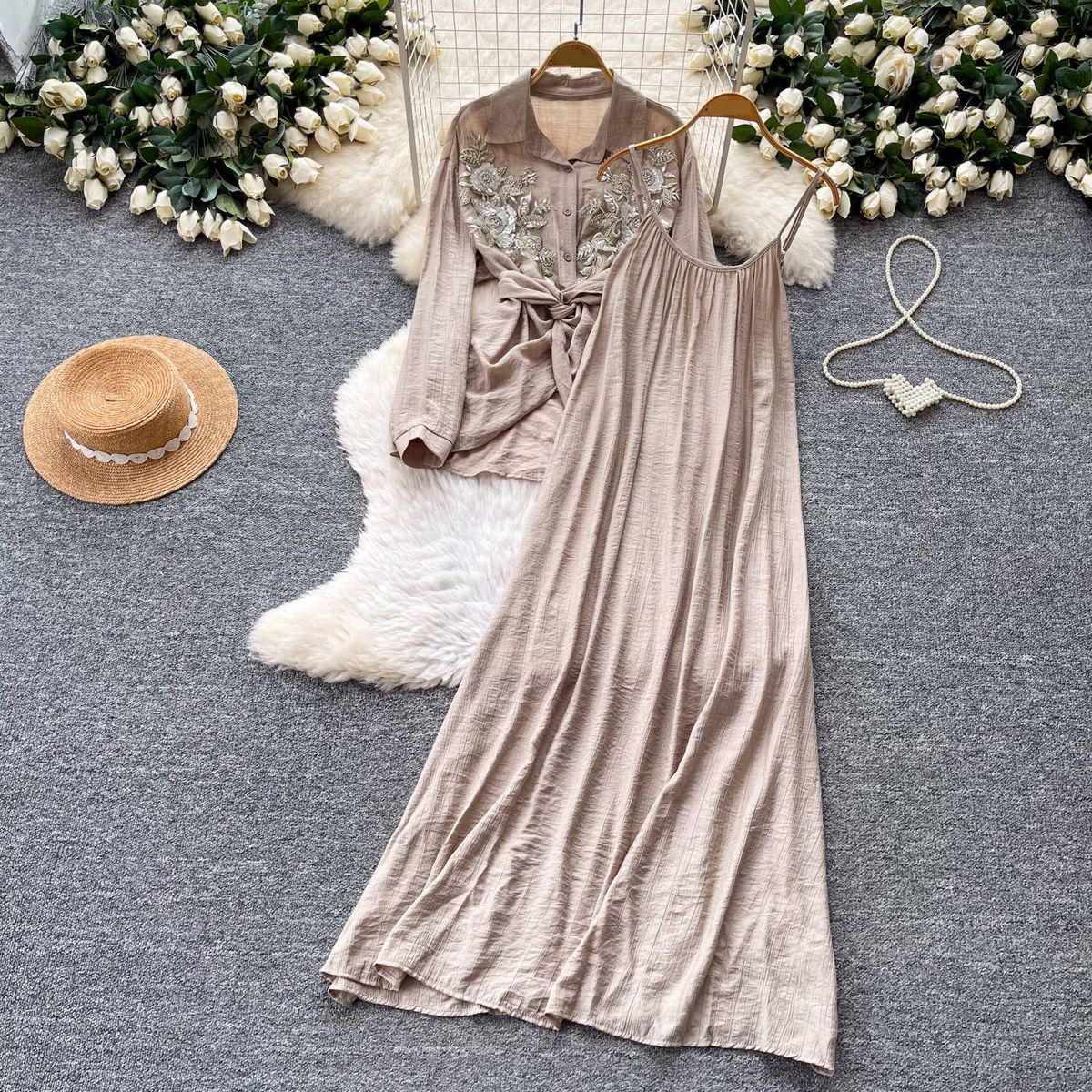 Women's Clothing Women's Gentle Relaxed Style Embroidered Shirt And Suspender Dress Two Piece Set Slimming Elegant Fashion For Spring Autumn_ecoleips.com