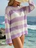 Women's Polyester Mesh Long Sleeve Knit Smock, Drop Shoulder Striped Hollow Out Design,Sunshine Protection Casual Top For Beach&Vacation&Daily Wear_ecoleips.com