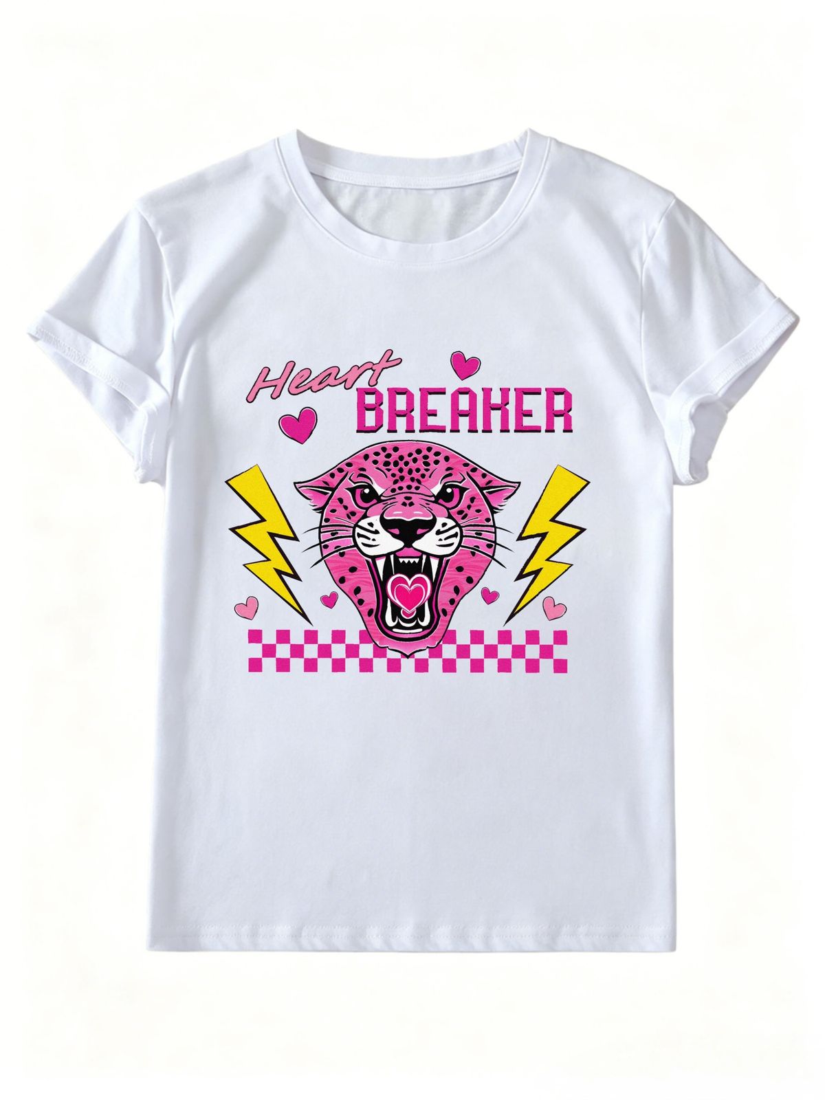 Women Y2K Pink Leopard Heart Lightning Checkerboard Heart Breaker Graphic T Shirt Round Neck Short Sleeve Loose Streetwear Summer Tops_ecoleips.com