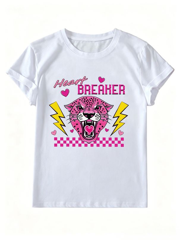 Women Y2K Pink Leopard Heart Lightning Checkerboard Heart Breaker Graphic T Shirt Round Neck Short Sleeve Loose Streetwear Summer Tops_ecoleips.com