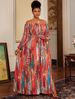 Curvy Women Vibrant Abstract Print Off Shoulder Puff Sleeve Maxi Dress, Belt Tie Bow High Slit Flowy Swing Gown For Beach Vacation Night Party_ecoleips.com
