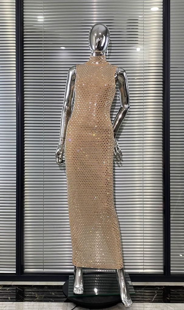 Women's Clothing Sexy Nude Mesh Sleeveless Bodycon Dress With Sparkling Rhinestones Fashion Party Performance Women's Dress_ecoleips.com