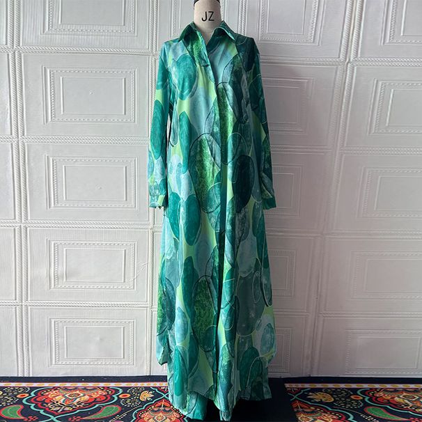 Women's Floral Print Lounge Set – Elegant Long-Sleeve Top + Wide-Leg Pants, Summer Viscose-Blend Two-Piece Outfit (Yellow/Green/Grey)_ecoleips.com